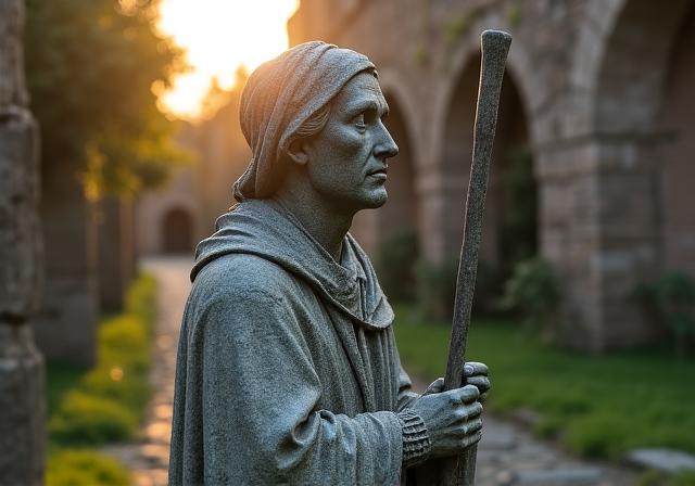 Antica statua di un pellegrino lungo la via Francigena