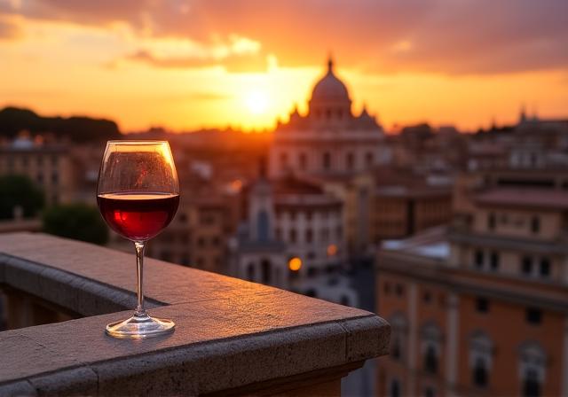 Veduta panoramica di Roma al tramonto da un palazzo privato